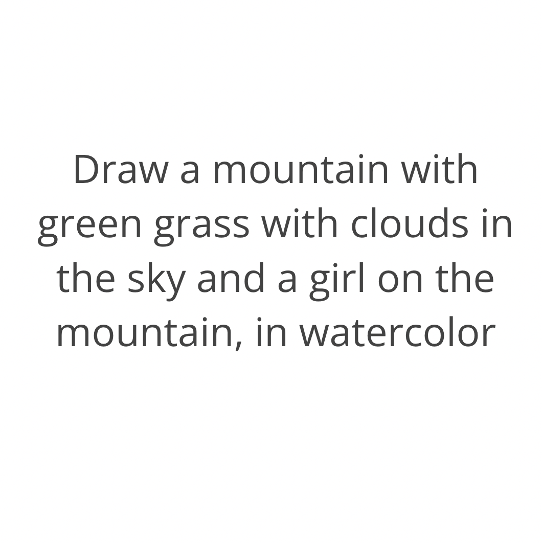 Draw a mountain with green grass with clouds in the sky and a girl on the mountain, in watercolor.